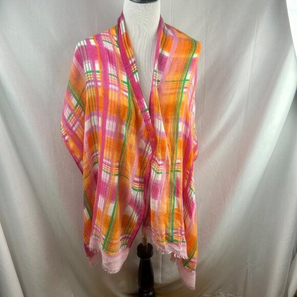 2 Scarf Bundle Plaid Novelty Print Beach Umbrellas Orange Pink Blue Green - Picture 3 of 7